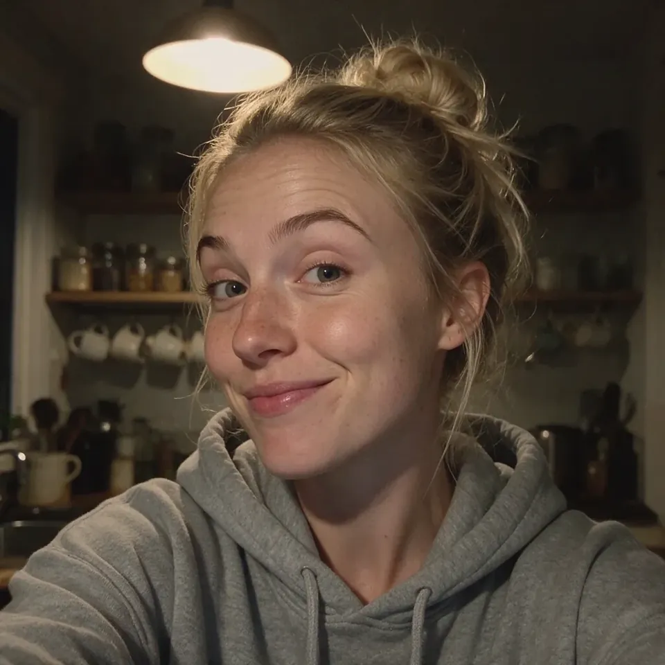 A woman with her hair in a messy bun smirks at her phone camera in a lamp-lit kitchen.